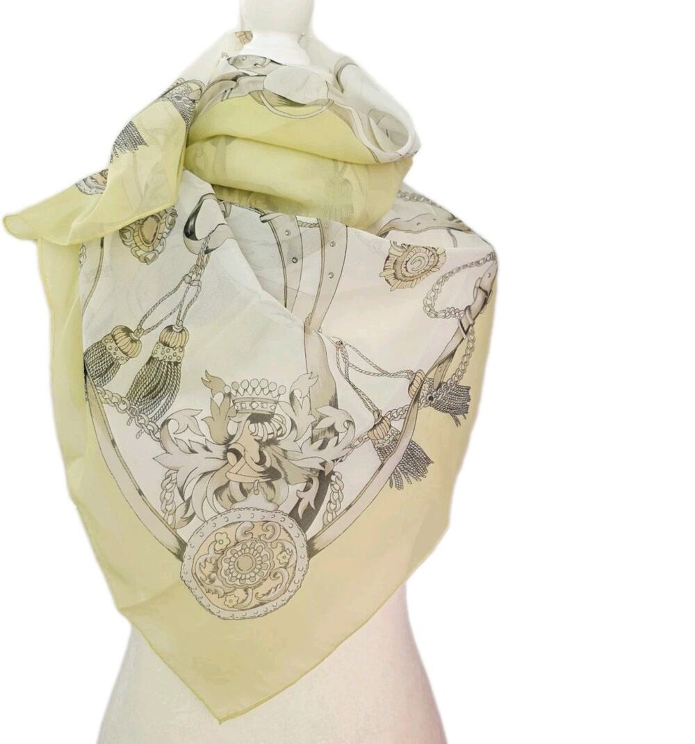Vintage Butter Yellow White Square Scarf Abstract Art Oldmoney Buckle Bridle